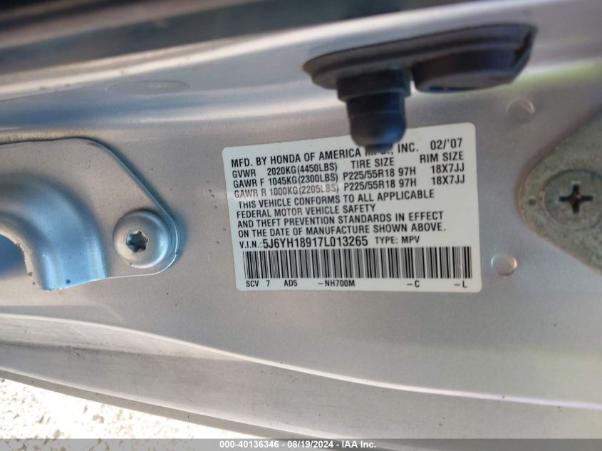 2007 Honda Element Sc VIN: 5J6YH18917L013265 Lot: 40136346