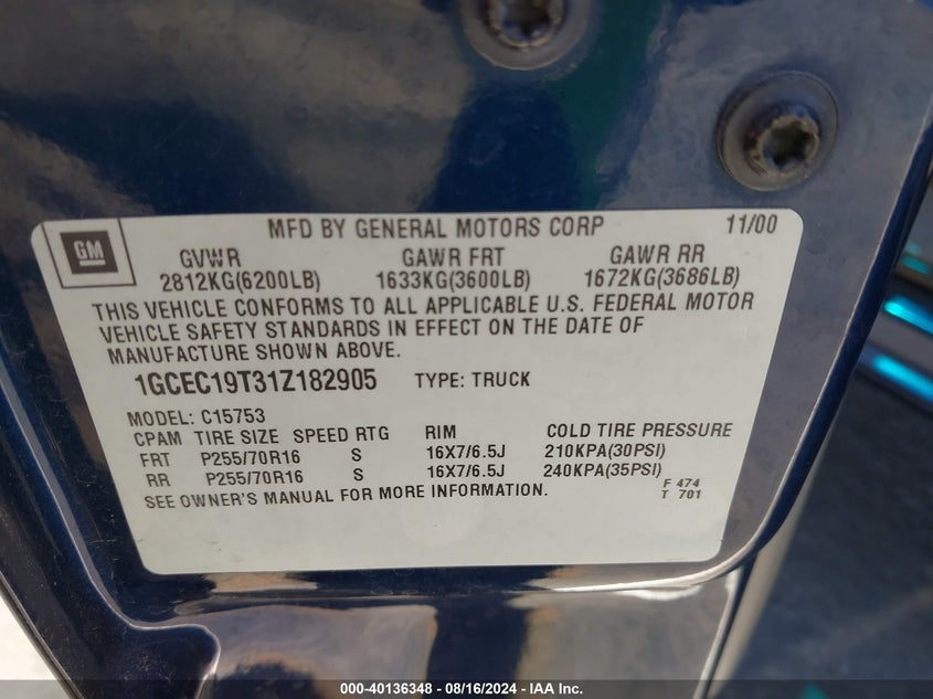 2001 Chevrolet Silverado 1500 Lt VIN: 1GCEC19T31Z182905 Lot: 40136348