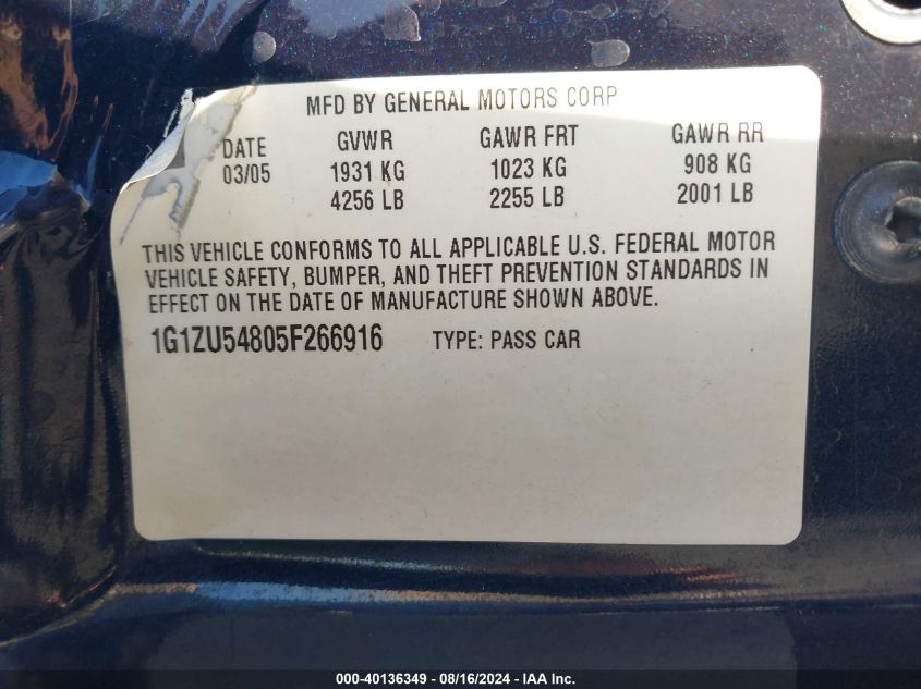 2005 Chevrolet Malibu Lt VIN: 1G1ZU54805F266916 Lot: 40136349