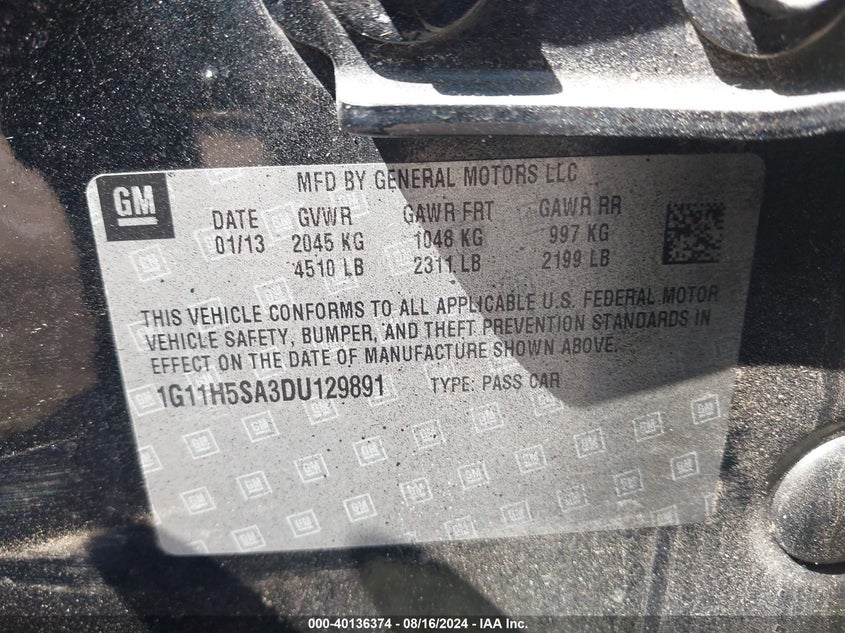 2013 Chevrolet Malibu 1Lz VIN: 1G11H5SA3DU129891 Lot: 40136374