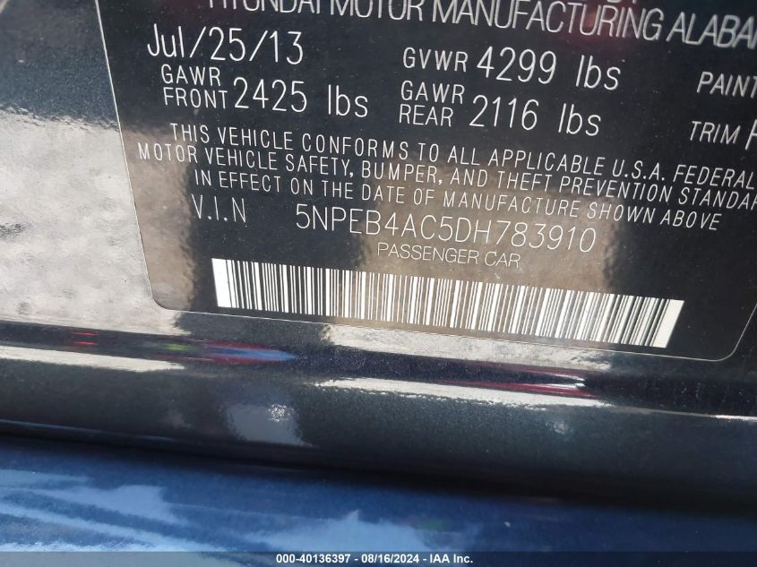 2013 Hyundai Sonata Gls VIN: 5NPEB4AC5DH783910 Lot: 40136397
