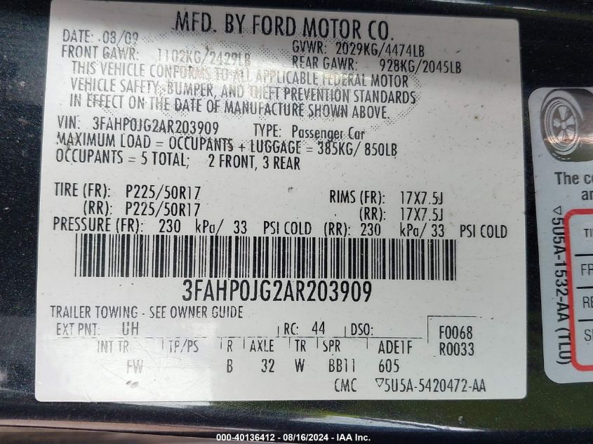 2010 Ford Fusion Sel VIN: 3FAHP0JG2AR203909 Lot: 40136412