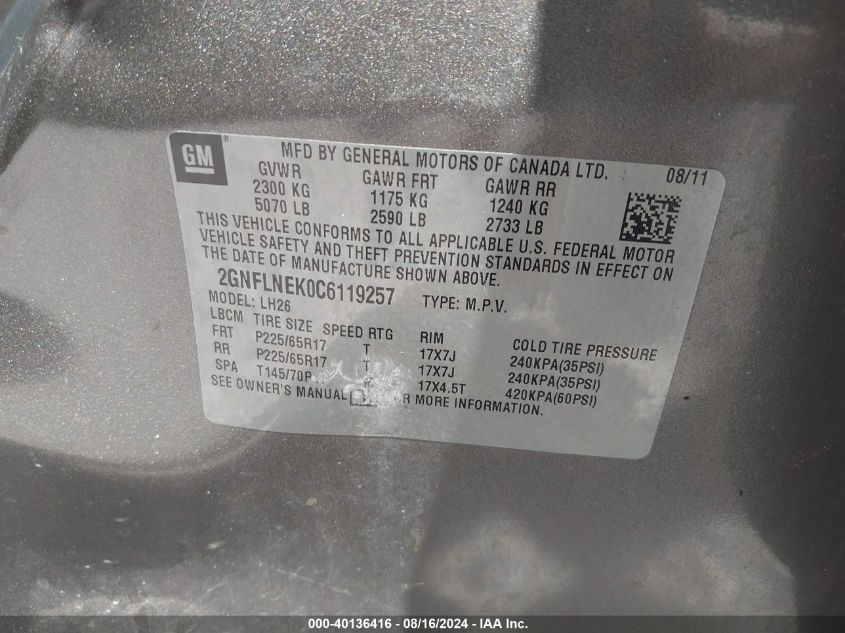 2012 Chevrolet Equinox Lt VIN: 2GNFLNEK0C6119257 Lot: 40136416