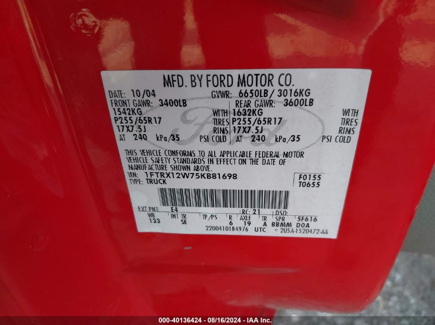 1FTRX12W75KB81698 2005 Ford F-150 Stx/Xl/Xlt