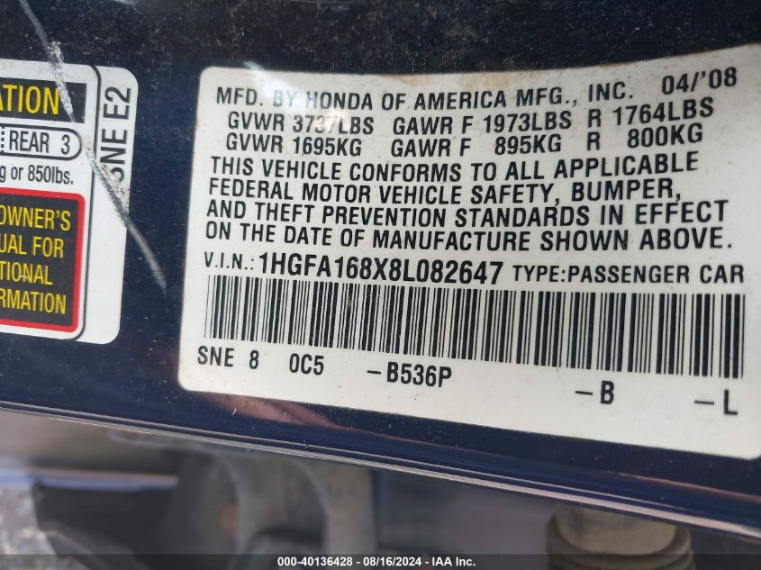 2008 Honda Civic Ex VIN: 1HGFA168X8L082647 Lot: 40136428