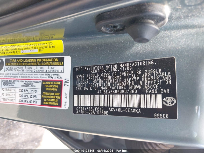 2009 Toyota Camry Se VIN: 4T1BE46K09U907360 Lot: 40136445