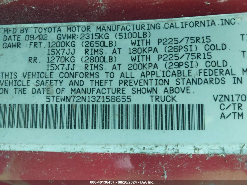 2003 Toyota Tacoma Base V6 VIN: 5TEWN72N13Z158655 Lot: 40136457