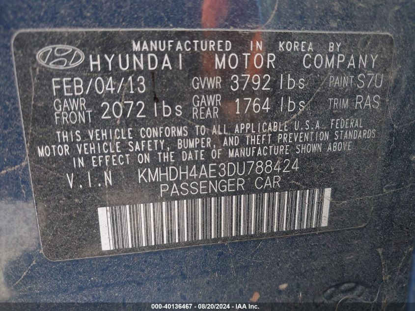 2013 Hyundai Elantra Gls/Limited VIN: KMHDH4AE3DU788424 Lot: 40136467