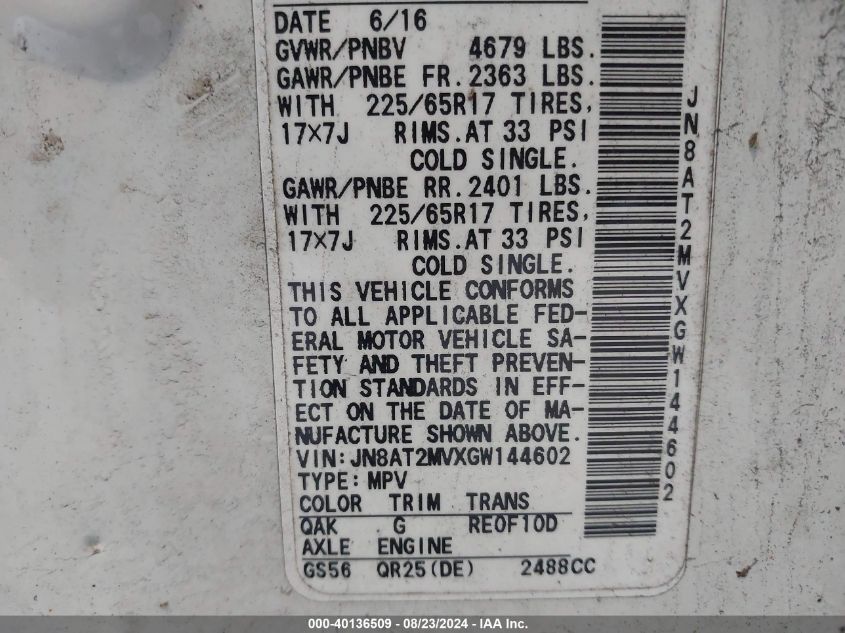 2016 Nissan Rogue S VIN: JN8AT2MVXGW144602 Lot: 40136509