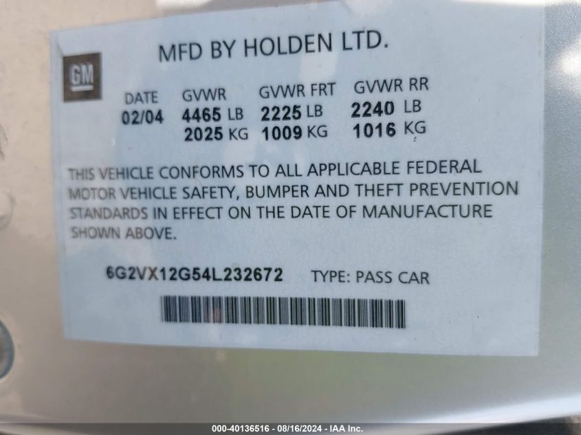2004 Pontiac Gto VIN: 6G2VX12G54L232672 Lot: 40136516