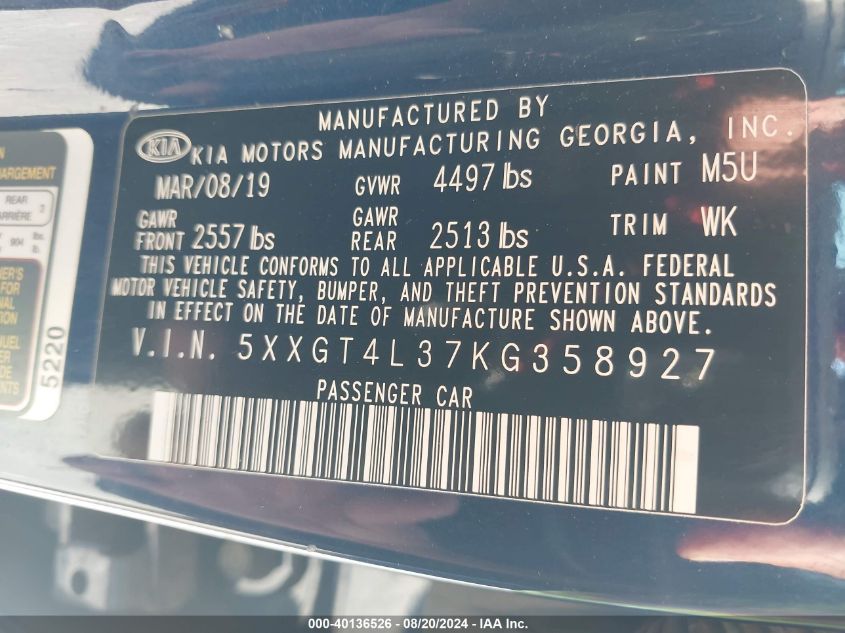 2019 Kia Optima Lx VIN: 5XXGT4L37KG358927 Lot: 40136526