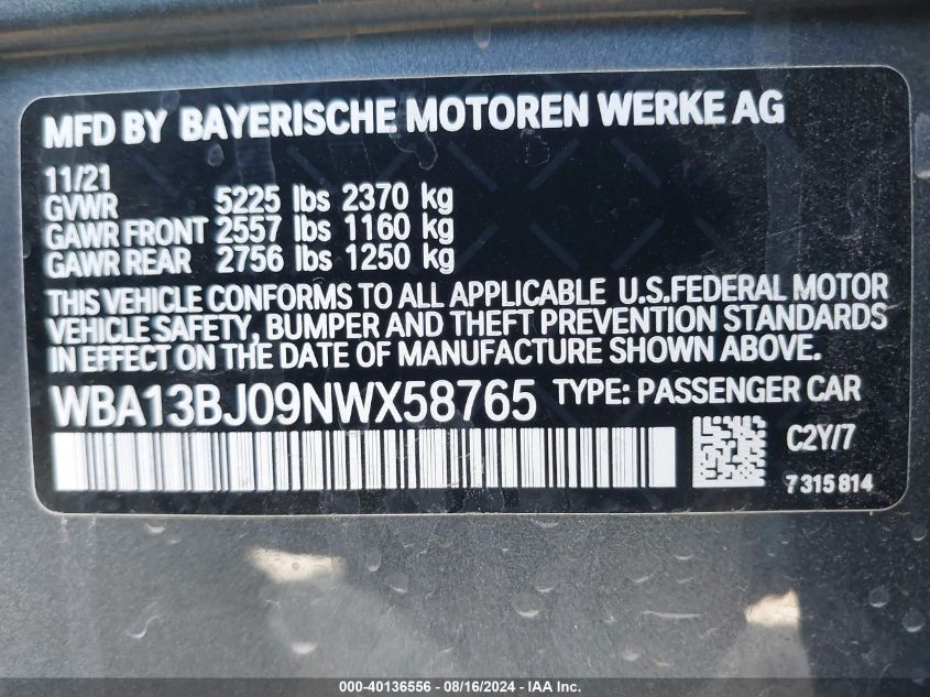 2022 BMW 530 Xi VIN: WBA13BJ09NWX5876 Lot: 40136556