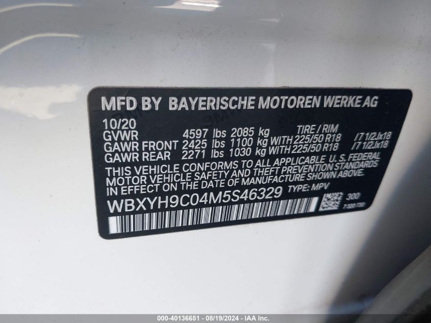 WBXYH9C04M5S46329 2021 BMW X2 Sdrive28I