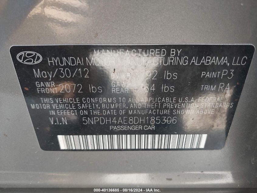 5NPDH4AE8DH185306 2013 Hyundai Elantra Limited