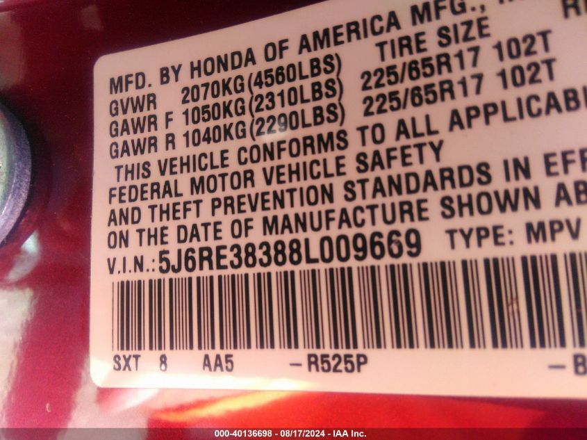 2008 Honda Cr-V Lx VIN: 5J6RE38388L009669 Lot: 40136698