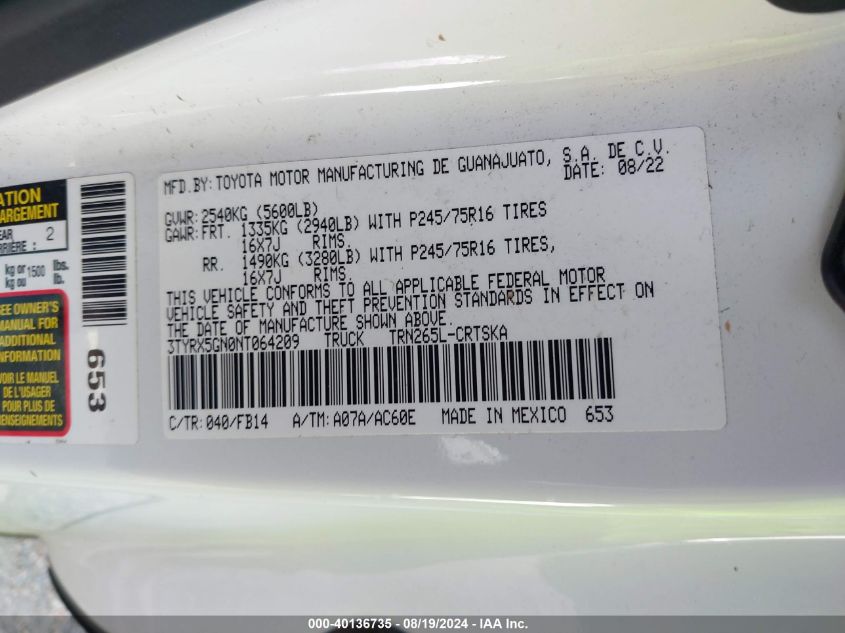 2022 Toyota Tacoma Sr VIN: 3TYRX5GN0NT064209 Lot: 40136735