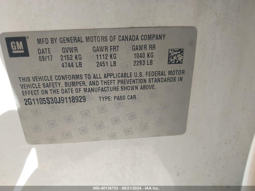 2018 CHEVROLET IMPALA 1LT - 2G1105S30J9118929