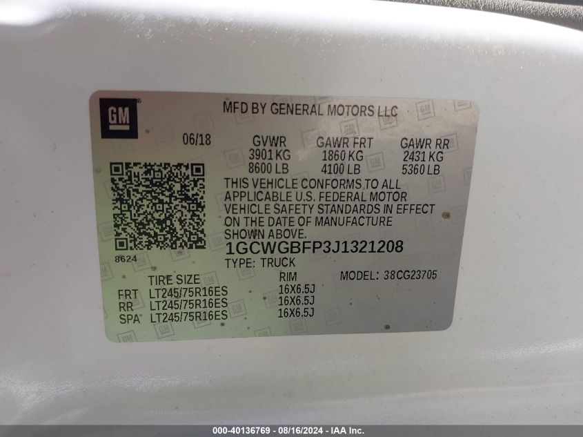 2018 Chevrolet Express 2500 Work Van VIN: 1GCWGBFP3J1321208 Lot: 40136769