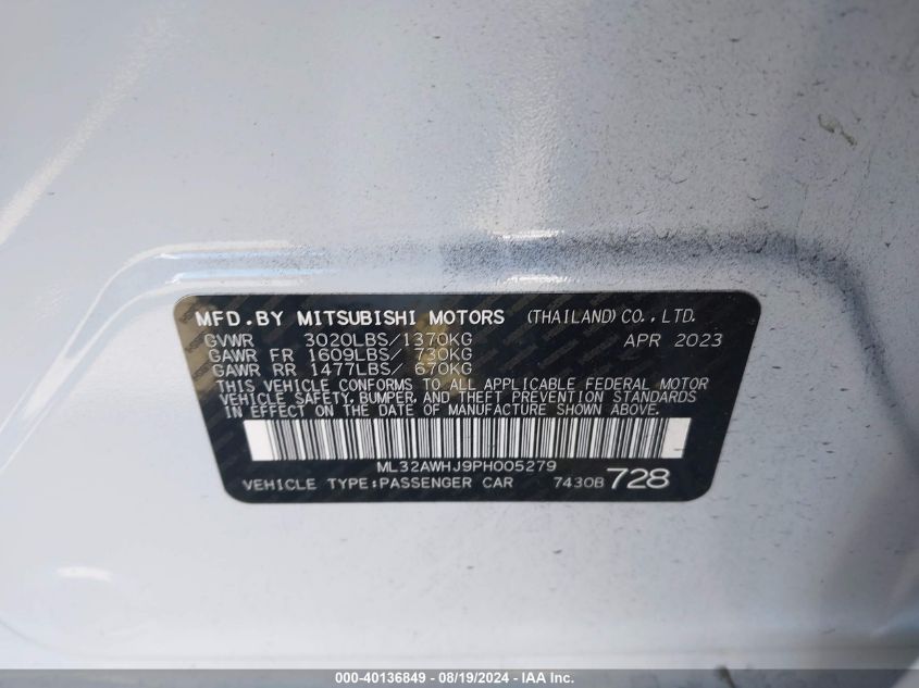 2023 Mitsubishi Mirage Ralliart VIN: ML32AWHJ9PH005279 Lot: 40136849