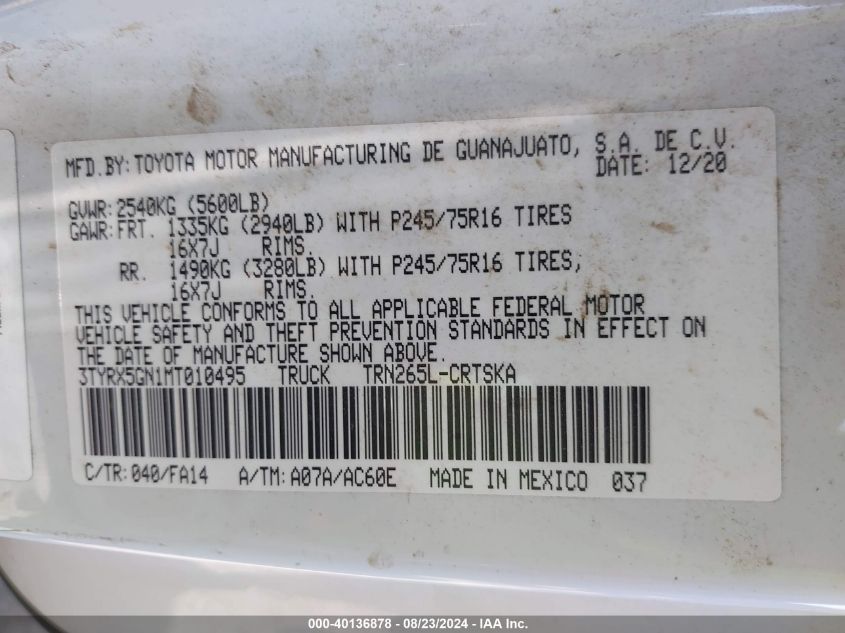 2021 Toyota Tacoma Sr VIN: 3TYRX5GN1MT010495 Lot: 40136878