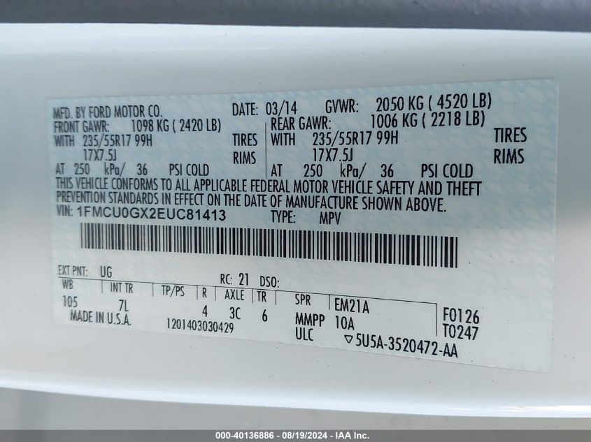 2014 Ford Escape Se VIN: 1FMCU0GX2EUC81413 Lot: 40136886