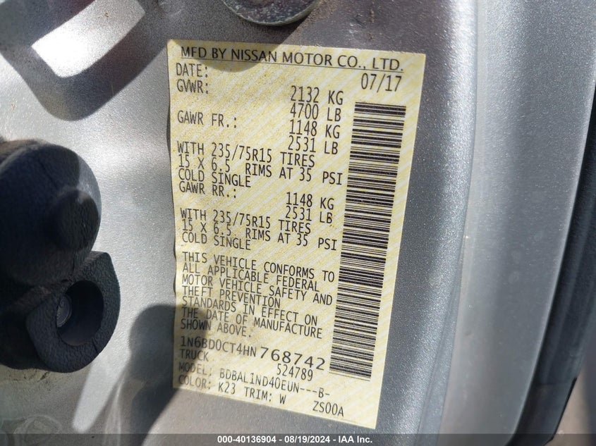 2017 NISSAN FRONTIER S - 1N6BD0CT4HN768742