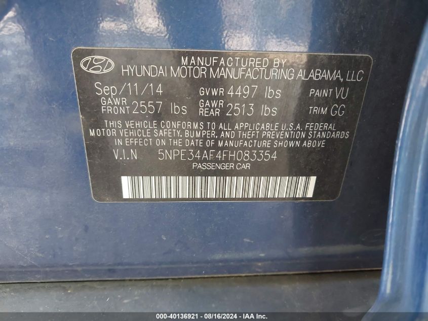 2015 Hyundai Sonata Limited VIN: 5NPE34AF4FH083354 Lot: 40136921