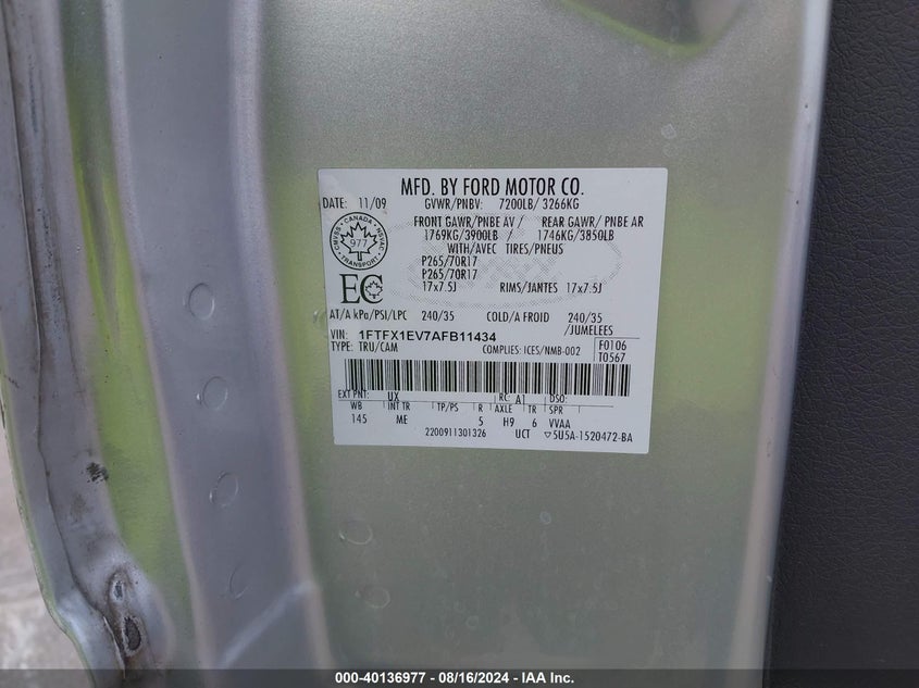 2010 Ford F-150 Fx4/Lariat/Xl/Xlt VIN: 1FTFX1EV7AFB11434 Lot: 40136977