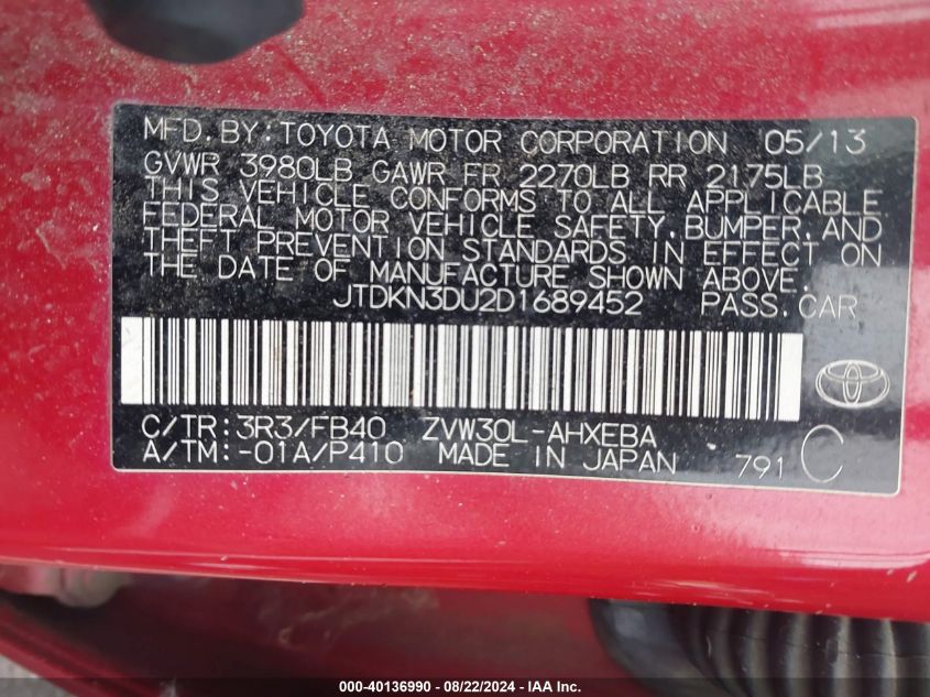 2013 Toyota Prius Three VIN: JTDKN3DU2D1689452 Lot: 40136990