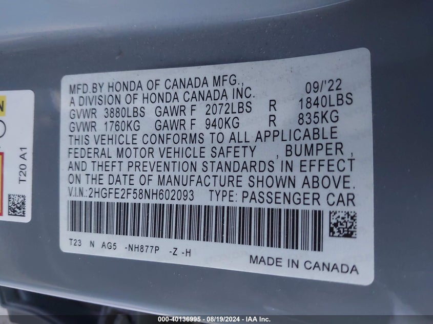 2022 Honda Civic(VIN: 2HGFE2F58NH602093