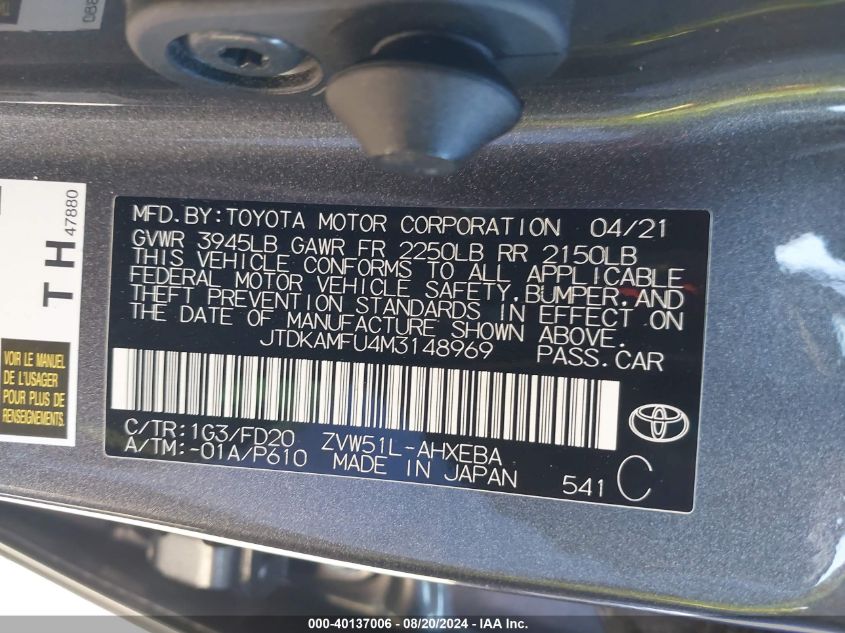 2021 Toyota Prius Le VIN: JTDKAMFU4M3148969 Lot: 40137006