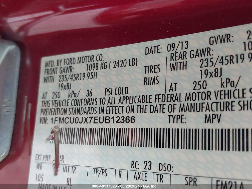 2014 Ford Escape Titanium VIN: 1FMCU0JX7EUB12366 Lot: 40137029