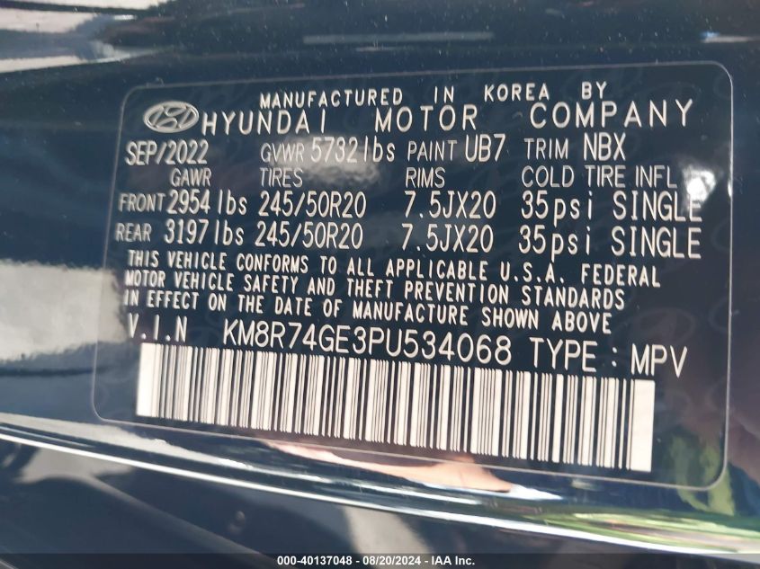 2023 Hyundai Palisade Calligraphy VIN: KM8R74GE3PU534068 Lot: 40137048