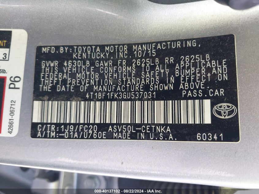 4T1BF1FK3GU537031 2016 Toyota Camry Le