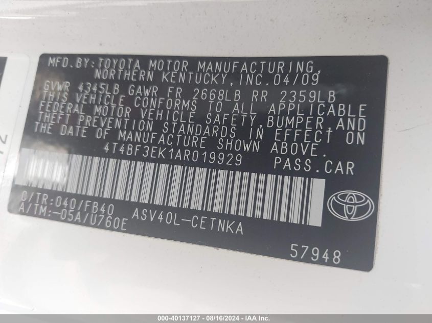 2010 Toyota Camry Le VIN: 4T4BF3EK1AR019929 Lot: 40137127