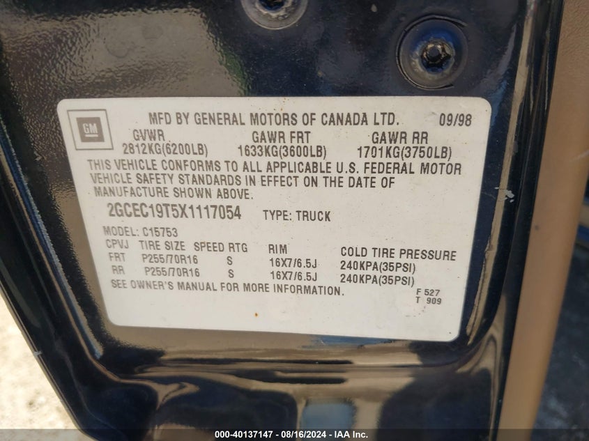 1999 Chevrolet Silverado 1500 Ls VIN: 2GCEC19T5X1117054 Lot: 40137147