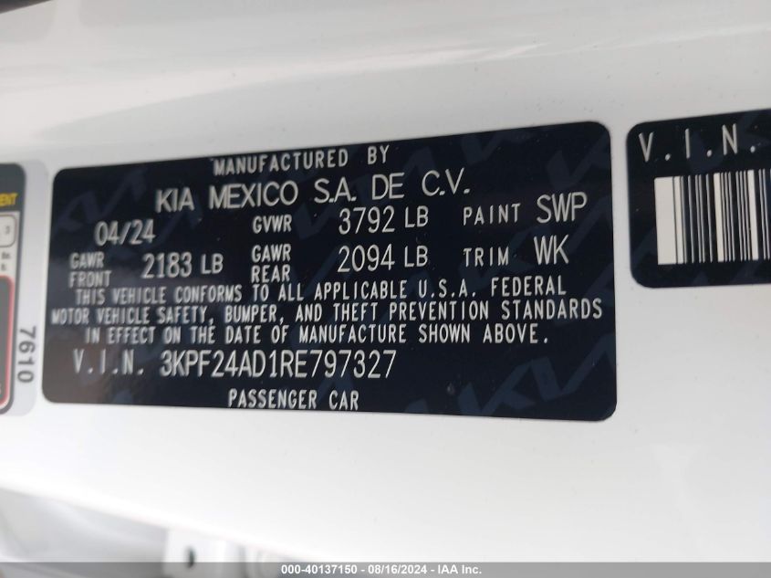2024 Kia Forte Lxs VIN: 3KPF24AD1RE797327 Lot: 40137150