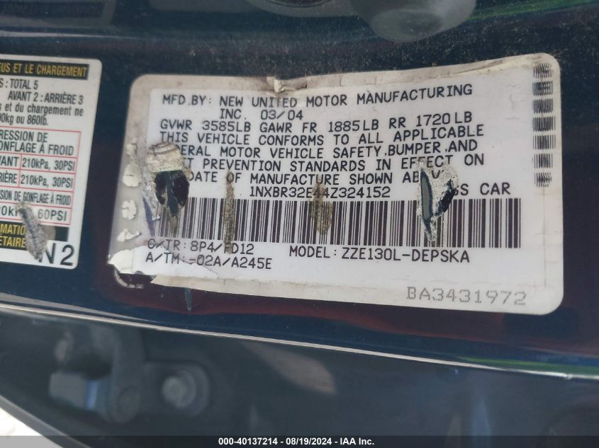 2004 Toyota Corolla S VIN: 1NXBR32E44Z324152 Lot: 40137214