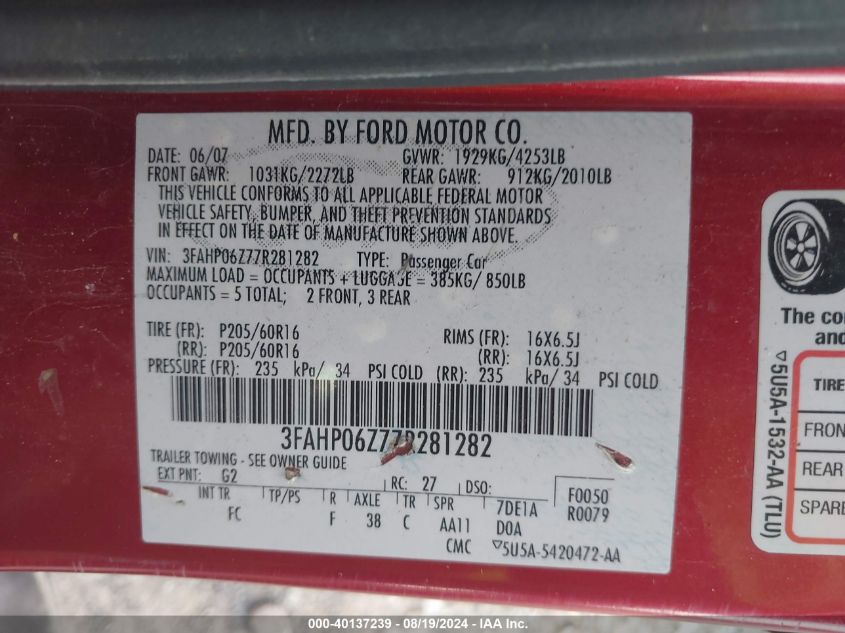 2007 Ford Fusion S VIN: 3FAHP06Z77R281282 Lot: 40137239