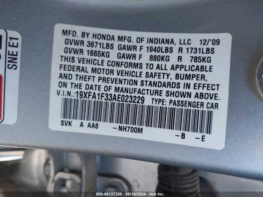 2010 Honda Civic Vp VIN: 19XFA1F33AE023229 Lot: 40137255