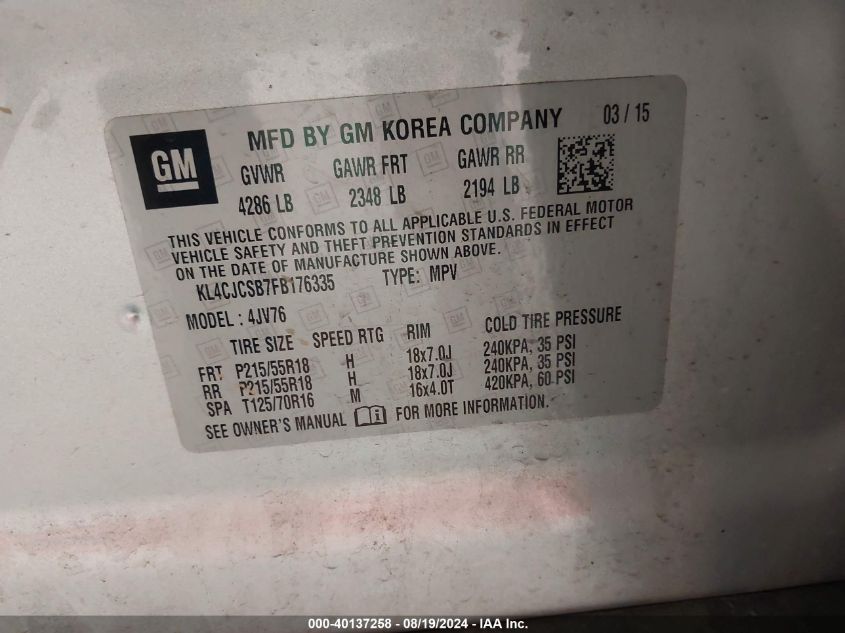 2015 Buick Encore Leather VIN: KL4CJCSB7FB176335 Lot: 40137258