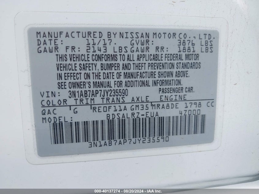 2018 Nissan Sentra Sr VIN: 3N1AB7AP7JY235590 Lot: 40137274