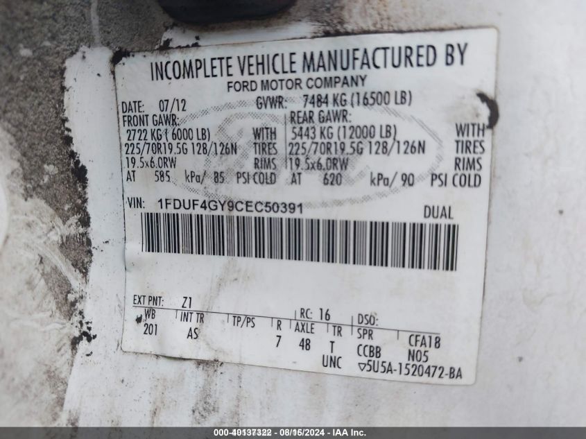 2012 Ford F-450 Chassis Xl VIN: 1FDUF4GY9CEC50391 Lot: 40137322