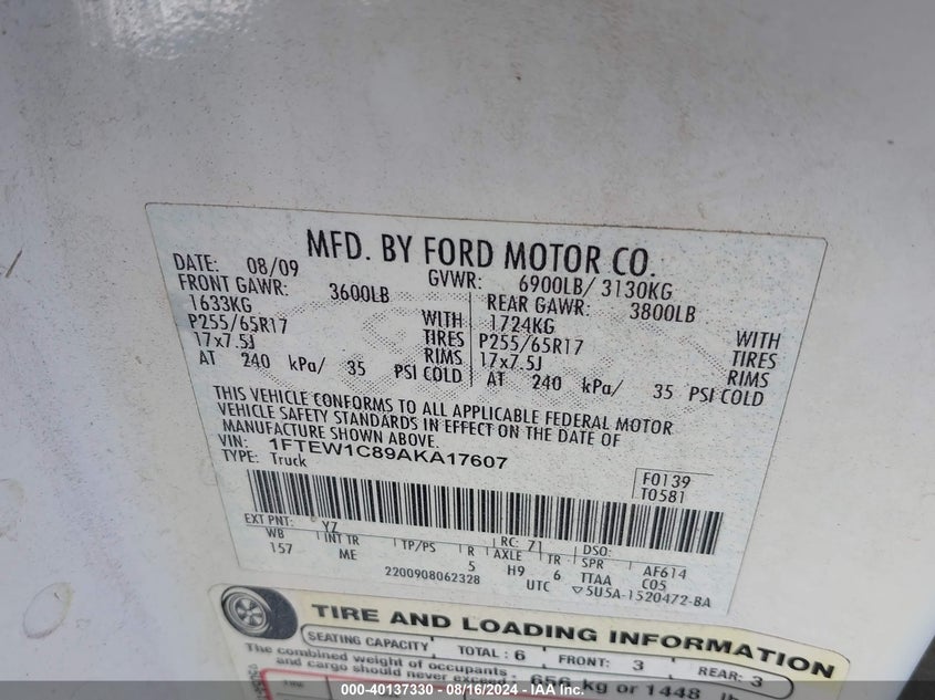 2010 Ford F-150 Fx2 Sport/Xl/Xlt VIN: 1FTEW1C89AKA17607 Lot: 40137330