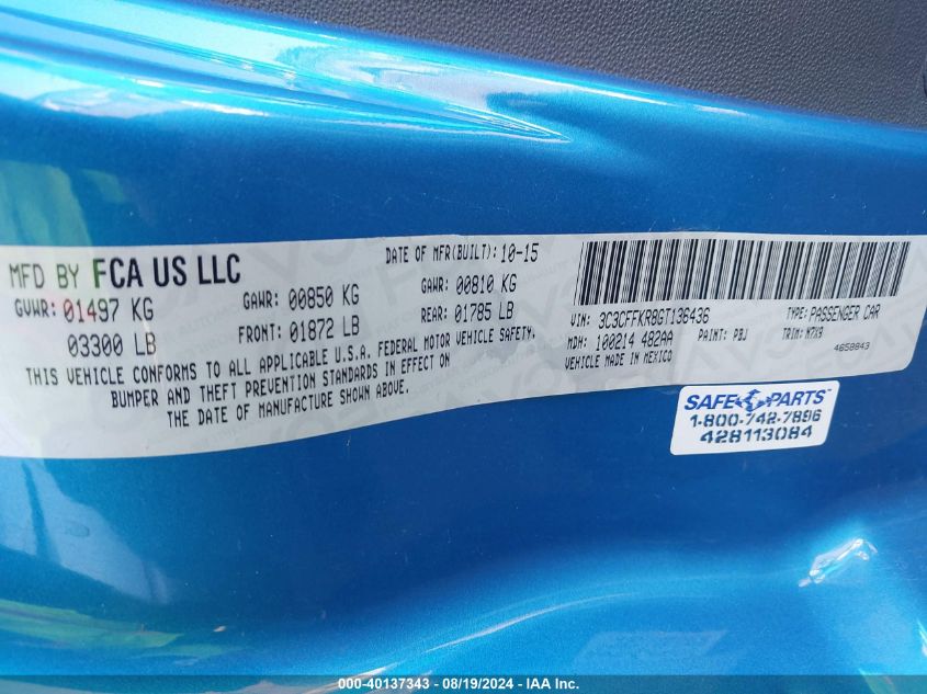 2016 Fiat 500 Easy VIN: 3C3CFFKR8GT136436 Lot: 40137343