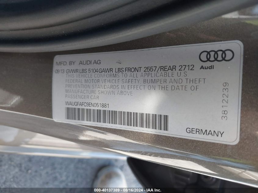 2014 Audi A6 Premium Plus VIN: WAUGFAFC9EN051881 Lot: 40137389