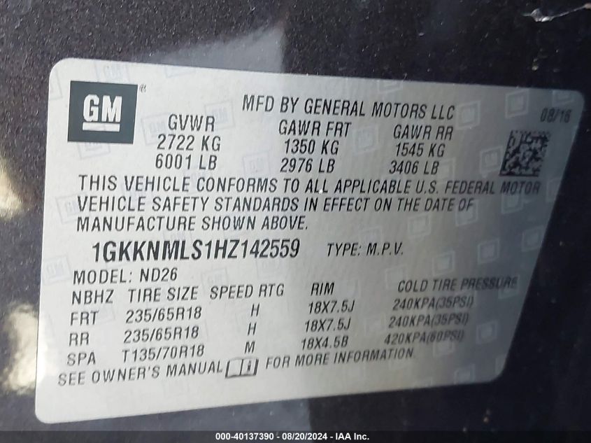 1GKKNMLS1HZ142559 2017 GMC Acadia Slt-1