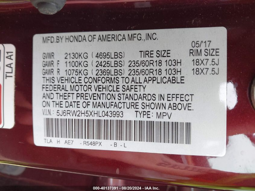 5J6RW2H5XHL043993 2017 Honda Cr-V Ex