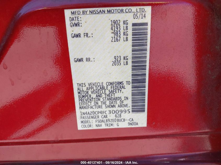 2015 Nissan Leaf S/Sv/Sl VIN: 1N4AZ0CP4FC300995 Lot: 40137401