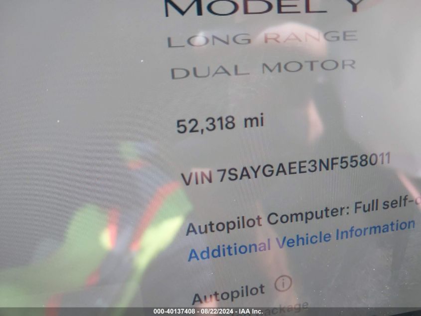 2022 Tesla Model Y Long Range Dual Motor All-Wheel Drive VIN: 7SAYGAEE3NF558011 Lot: 40137408